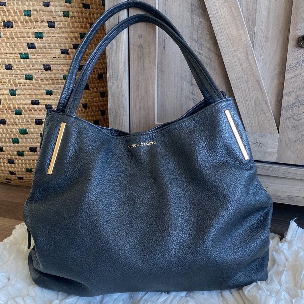 Vince Camuto Black Pebbled Leather Shoulder Tote with Gold Accents